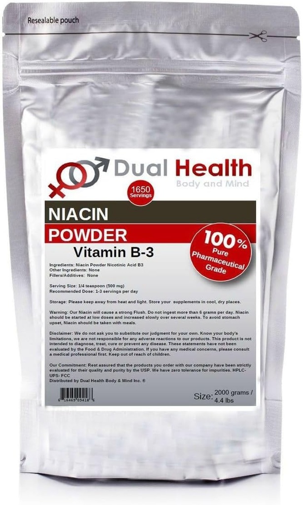Niacin Poeder (4,4 lbs - 2 kg) Vitamine B3 Bulk Supplement Onmiddellijke afgifte Niacin met flush Nicotinezuur Non-GMO, Veganistisch, Glutenvrij Snelle Absorptie Geen GGO's, Fillers, Additieven, Metalen