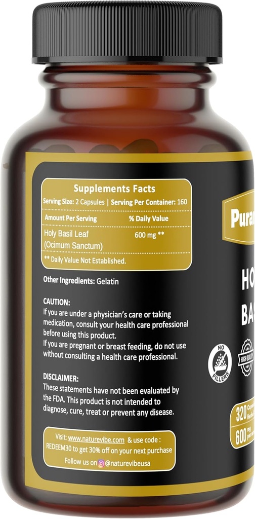 Holy Basil Premium 320 Capsules Non GMO en Glutenvrij 