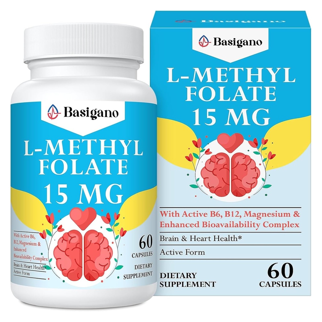 15 mg L Methylfolaat (5-MTHF) - Actief Foliumzuur verrijkt met vitamine B6 en B12-60 Vegetarische Capsules - Non-GMO, Glutenvrij