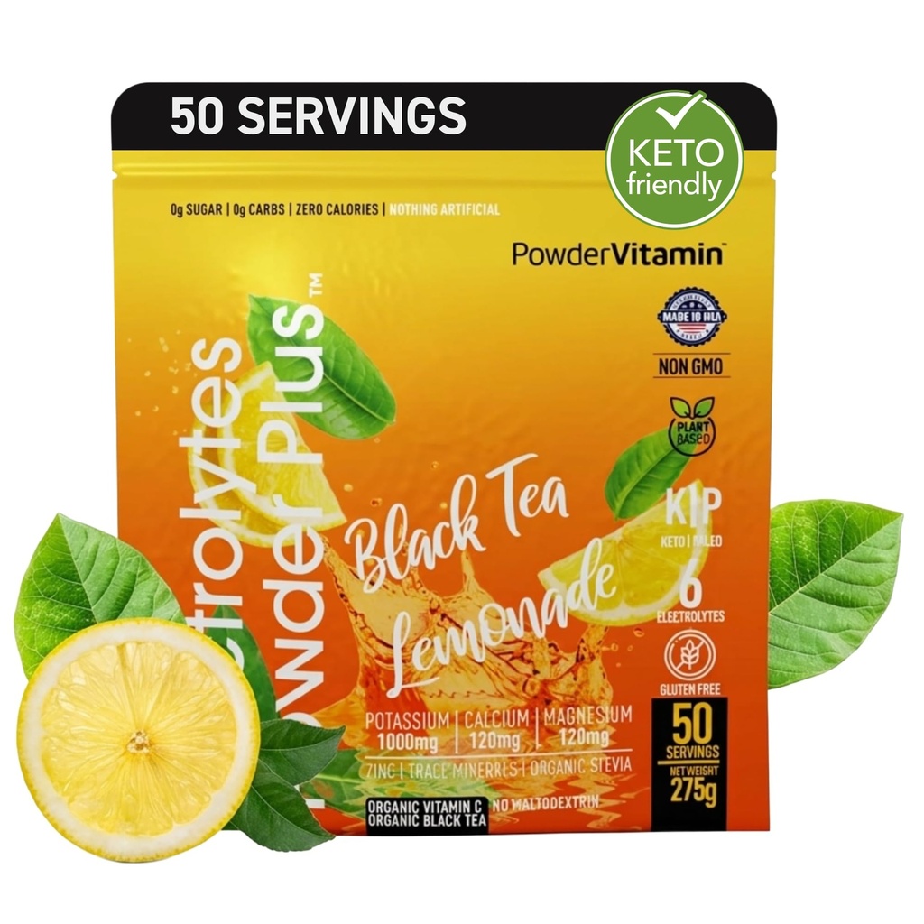 Electrolytes Powder Plus (50 porties) Black Tea Lemonade Electrolyte Powder Zero Calorie Keto,0 Sugar, No Maltodextrine,1000mg Kalium,120mg Calcium,120mg Magnesium, Hydration Powder