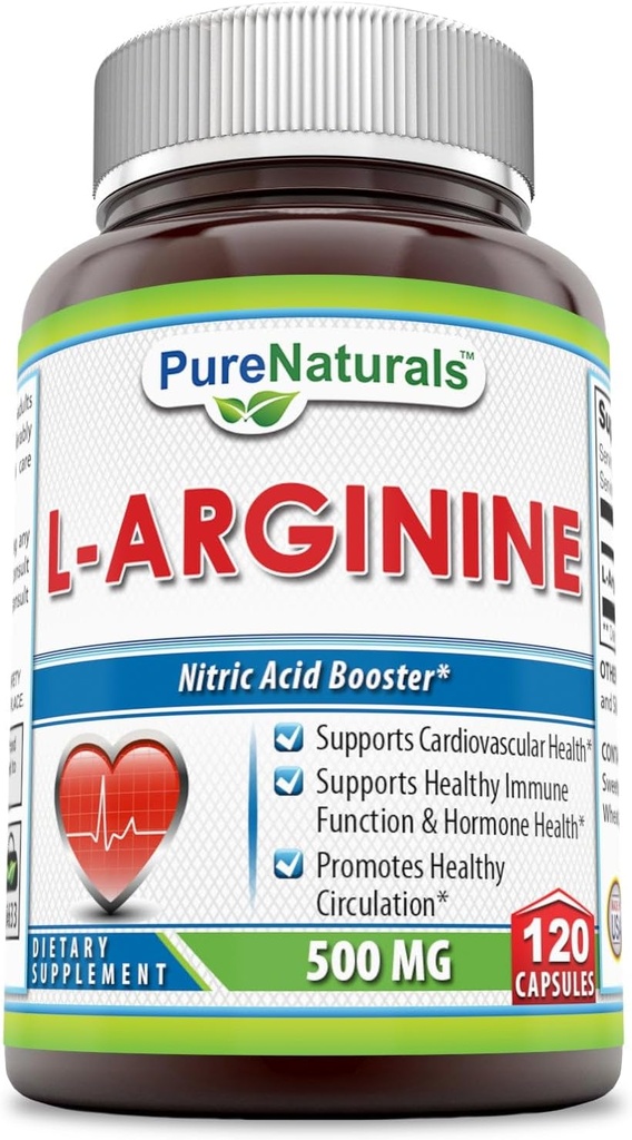 Pure Naturals L-Arginine 500 Mg Capsules, Ondersteunt Cardiovasculaire Gezondheid, Ondersteunt Gezonde Immuun Functie & Hormone Gezondheid, Bevordert gezonde Circulatie (120)