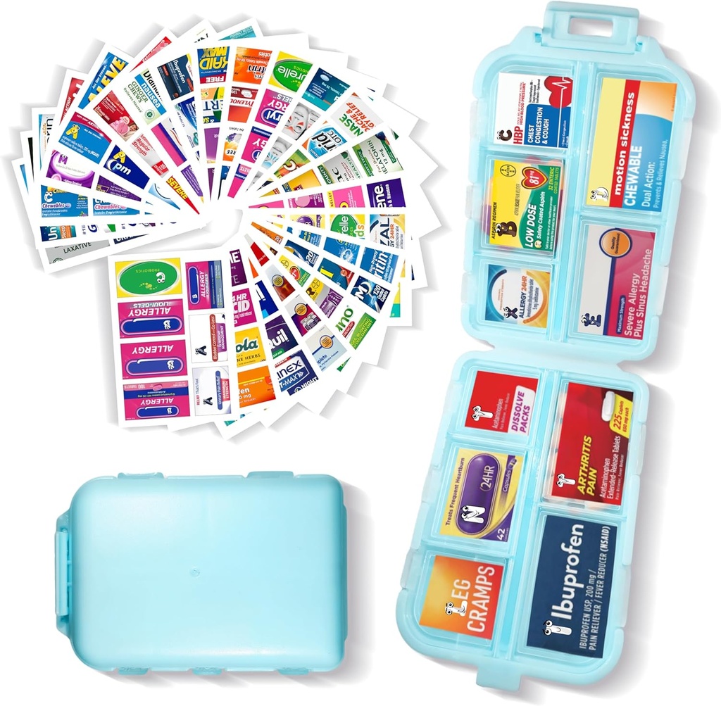 Pillen Organisator met Medicine Labels 161 Labels Travel Daily Pill Container Mini Medication Organizer Storage Pillen Organizer Travel Essentials Pill Case 7 Day (Blauw, 1 Pack)
