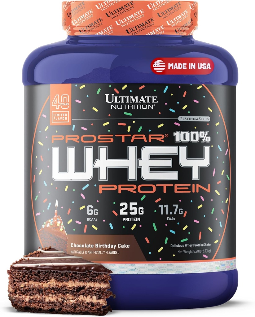 Ultimate Nutrition Prostar Whey Protein Powder Isolate, Chocolate Birthday Cake - Low Carb, High Protein Powder Shake for Muscle Gain & Recovery - Low Sodium, Low-Fat & Keto Friendly - 5.28 lbs Tub