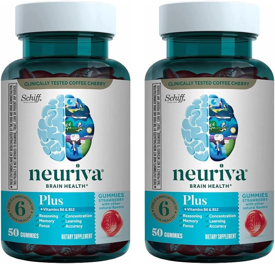 NEURIVA Plus Hersensupplement voor Geheugen, Focus & Concentratie + Cognitieve functie met Nootropics Fosfatidylserine en Neurofactor, VIT B6 & B12, Aardbei smaak, 50 Gummies (2 Pack)