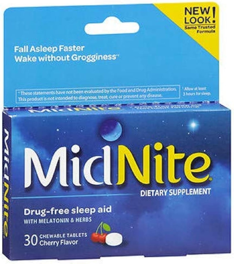 MidNite Slaapgezondheid voor af en toe slapeloosheid, 30 Kauwbare Cherry Tablets (pakket van 3)
