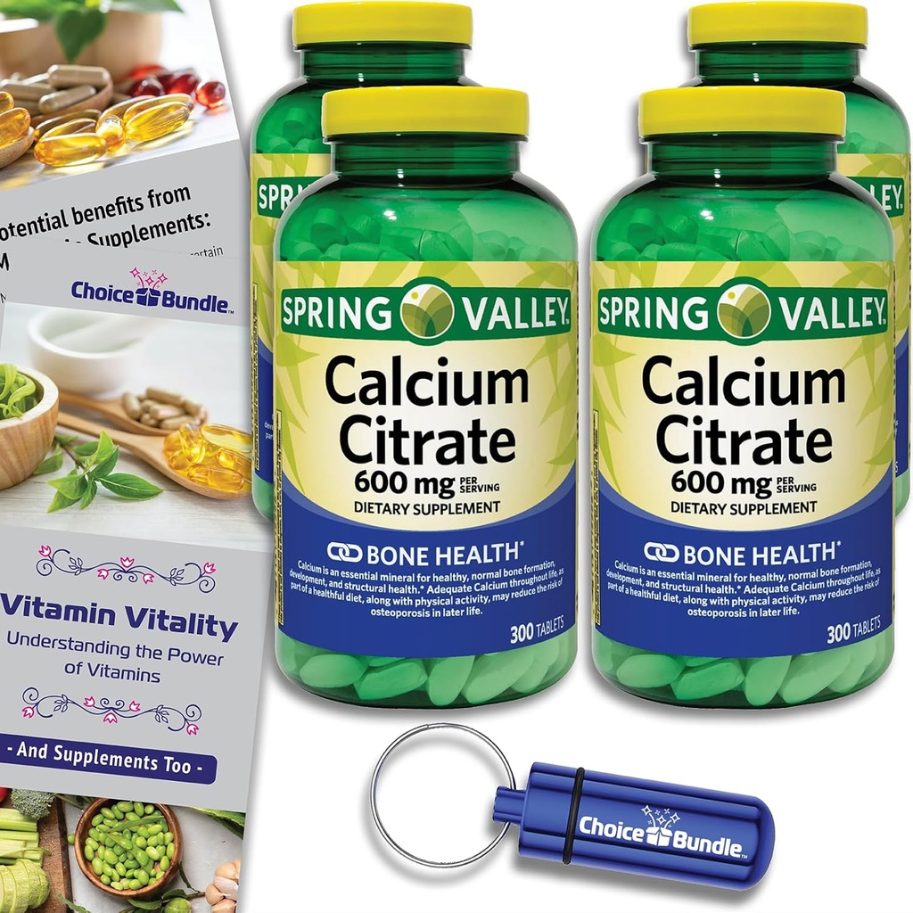 Spring Valley Calcium citraat tabletten Dieetsupplement 600 mg 300 Ct 4 pk Choice Bundle (1200 Totaal) + Vitamine Guide & Pill Container (6 Items)!