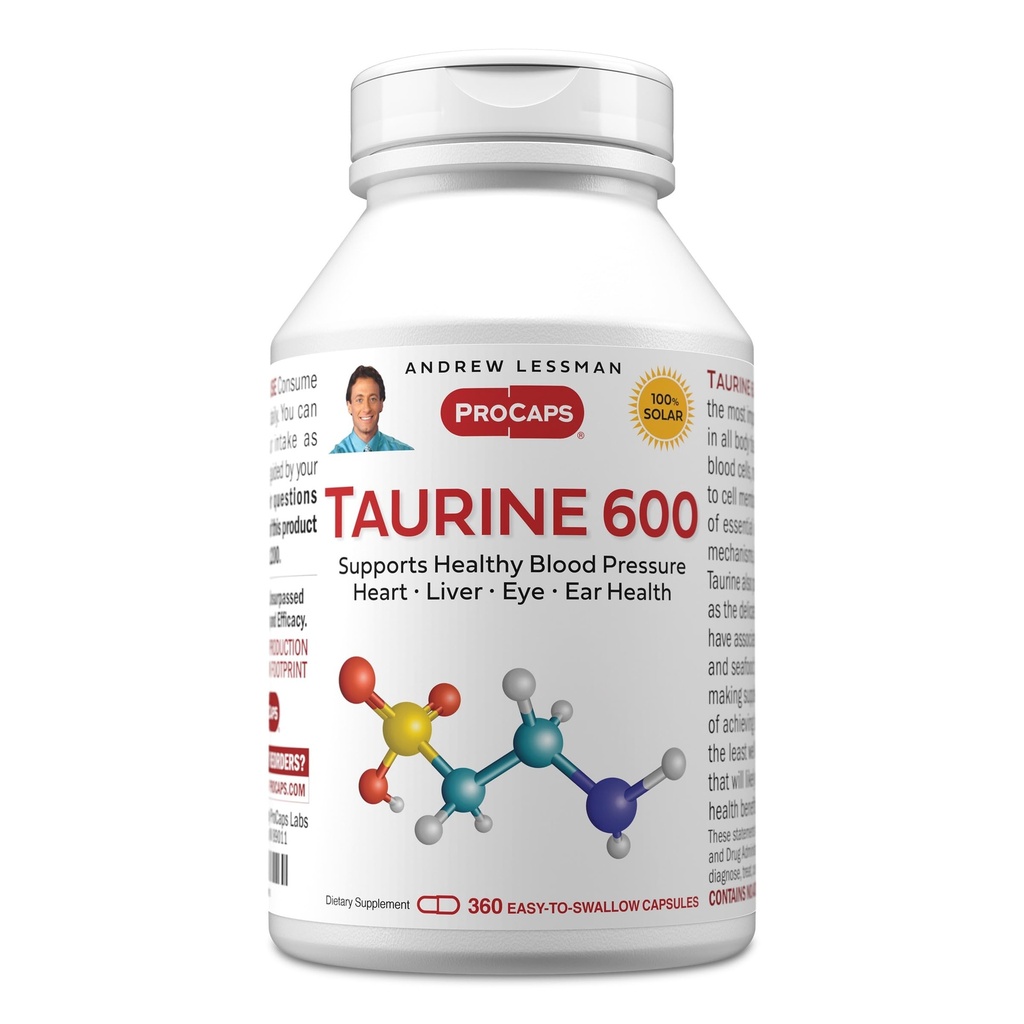 ANDREW LESSMAN Taurine 600-360 Capsules - Ondersteunt gezonde bloeddruk, hart, lever, oog en oor gezondheid. Pure, krachtige bron van de Aminozuur Taurine. Geen additieven