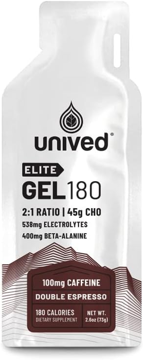 Unived Elite Gel 180-2:1 Ratio of Simple & Complex Carbs with Beta Alanine & Essential Electrolytes - for Endurance Athletes Runners & Cyclists -180kcal - Double Espresso - 100mg Caffeine - Pack of 6
