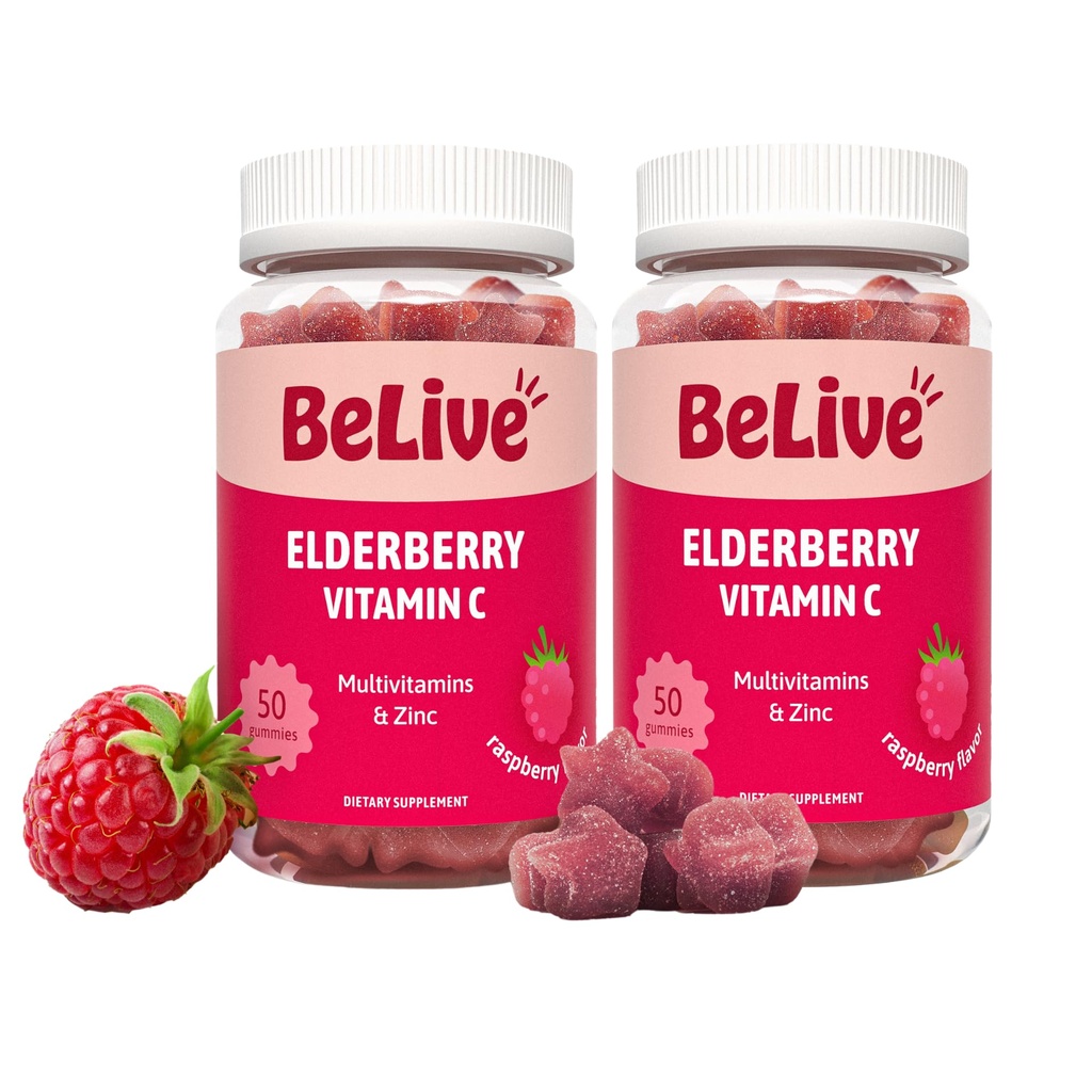 Belive Vlierbessen Gummies met zink en vitamine C - Immune Support Supplement met vitamine D, A, E, B12 - Gummies voor gezonde botten & tanden, Vegan, Keto & Non-GMO - Raspberry Flavor 2Pack