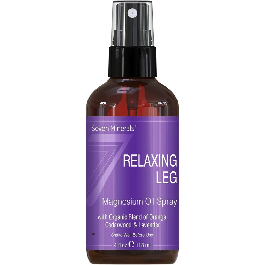 Seven Minerals Relaxing Leg Magnesium Spray, Powerful Blend of Essential Oils (Orange, Cedarwood, & Lavender), That Calms Legs Naturally. 4 f oz,