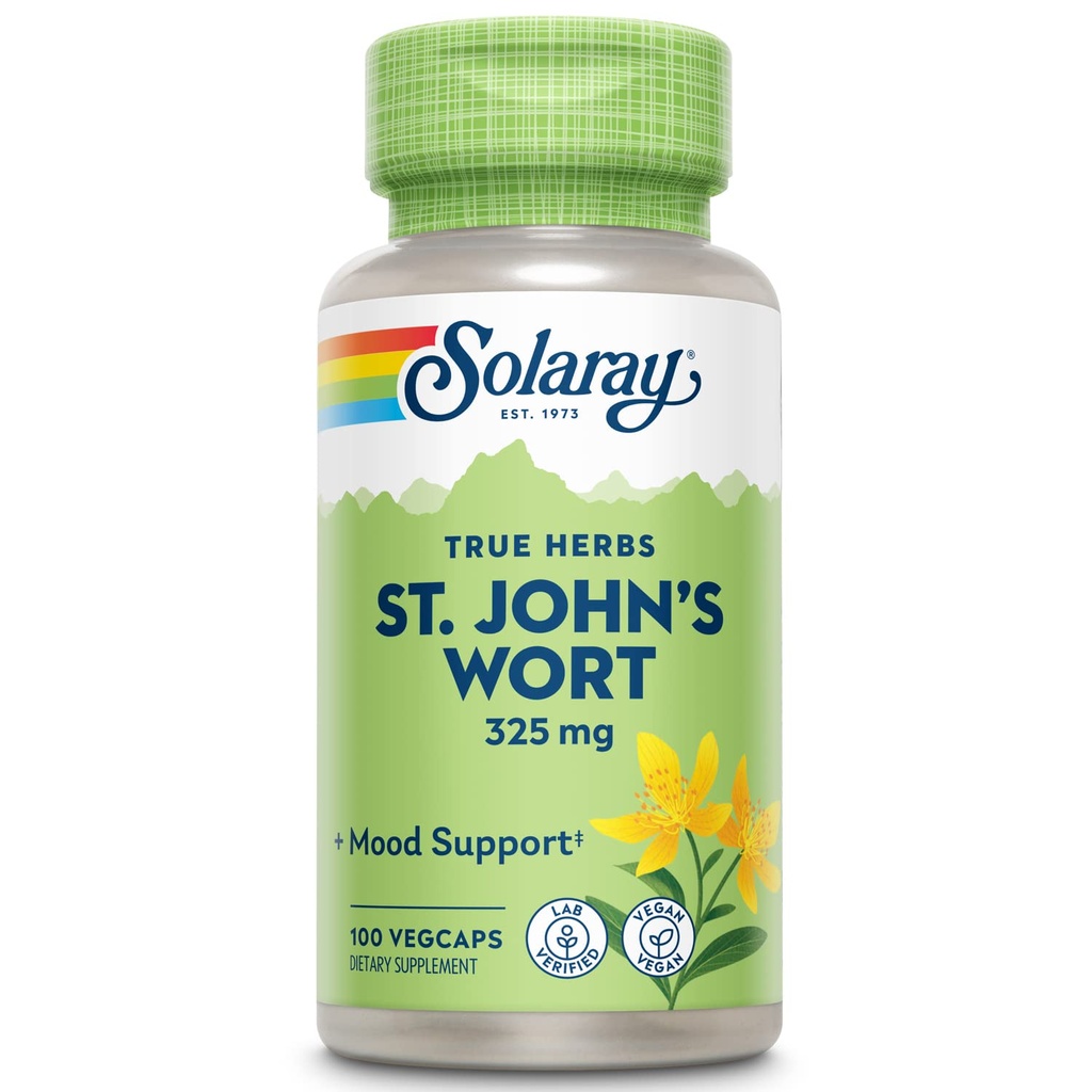 SOLARAY St Johns Wort 325 mg Whole Aerial - Health and Mood Support Supplement - 60 dagen geld terug garantie - Non-GMO, Vegan, Lab geverifieerd (100 CT)
