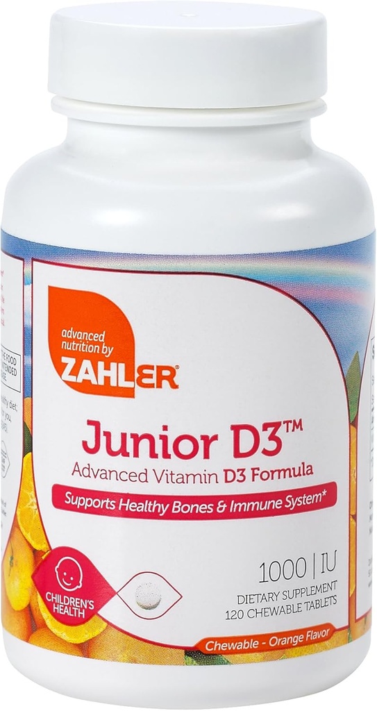 Zahler Junior D3 Kauwbare 1000IE, Kids Vitamine D, Grote Proeverij Kauwbare Vitamine D voor kinderen, Optimale Vitamine D3 1000 IE voor kinderen, Gecertificeerde Kosher, 240 Kauwtabletten
