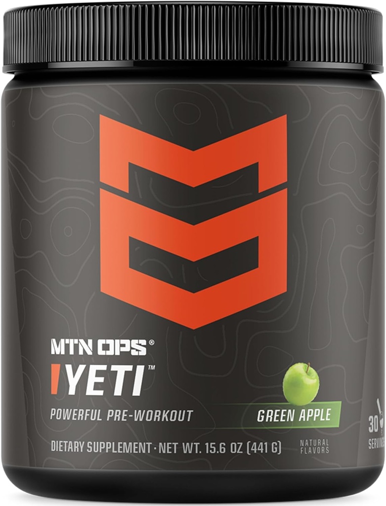 MTN OPS Yeti Pre-Workout Powder Energy Drink met Creatine, 200mg Cafeïne & BCAA's met Beta Alanine, 30-Serving Tub, Green Apple