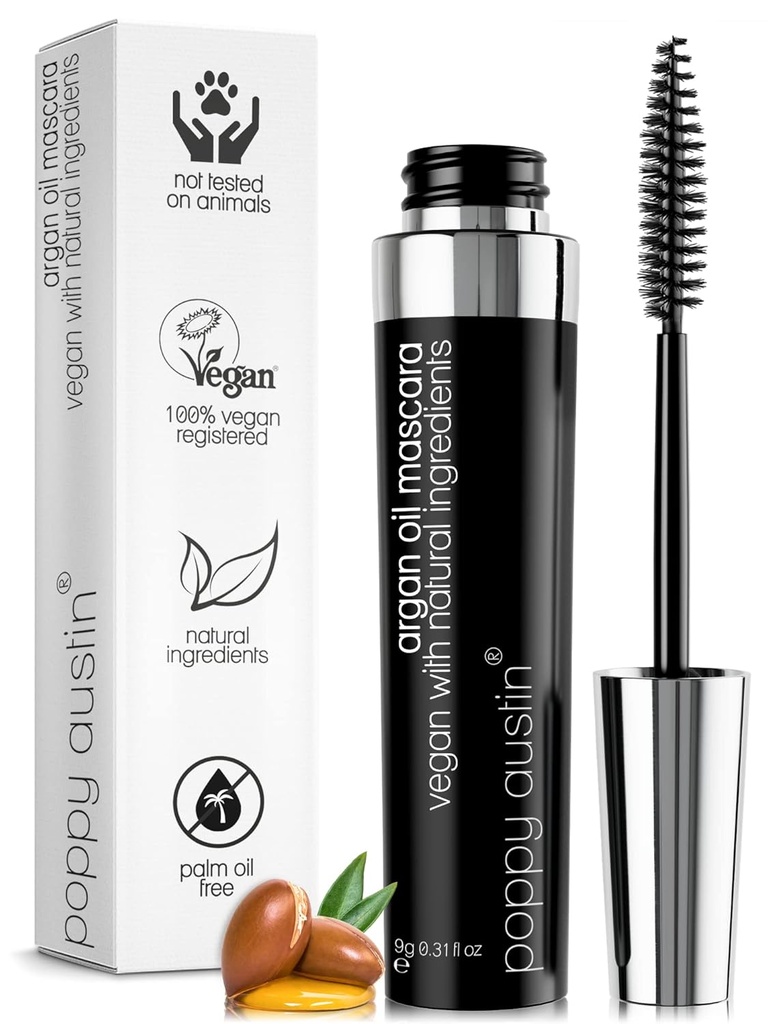 Poppy Austin Organic Mascara, Natural, Vegan, Paraben-Free, Cruelty-Free - Hypoallergene Mascara Verlengen & Volumizing met Argan Oil - 0,31 Fl Oz (zwart)