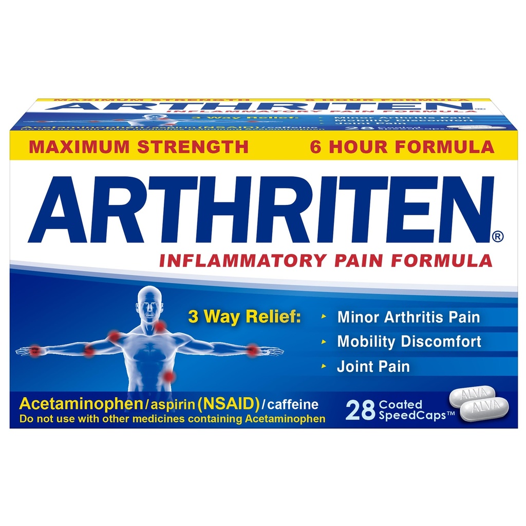 Inflammatory Pain Formula Caplets with 3 Active Ingredients: Aspirine, Acetaminophen & Cafeïne, Wit, 28 Tellen (Pack of 1)
