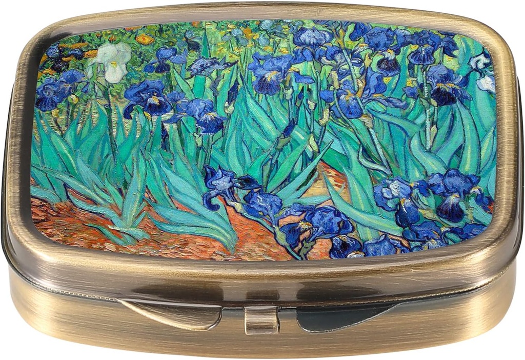 Dynippy Pill Case Pill Box met spiegel Retro Pocket 2 Compartiment Medicine Case Vitamine Pill Organizer voor Pocket Purse en Reizen (A-Van Gogh Irises)