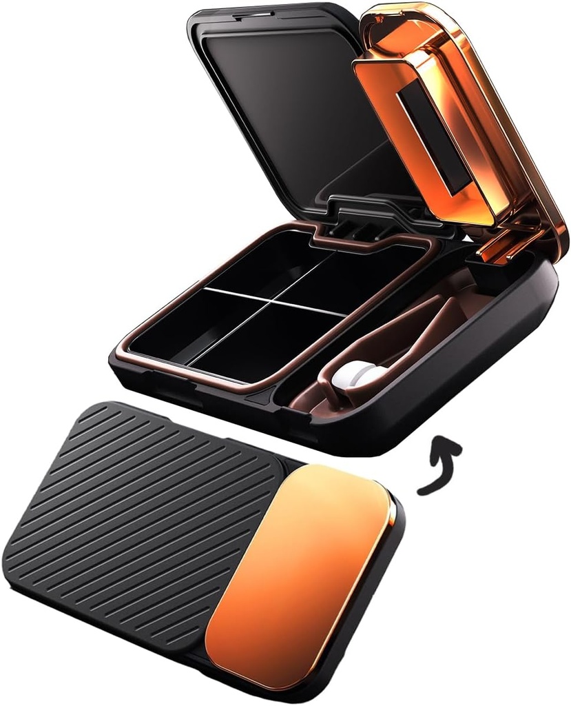 MURRI&MURRDI Pill Organizer en Crusher, Portable Pill Splitter en Cutter, Medicine Case 4 Cellen Vitamine Dispenser Houder (D Black)