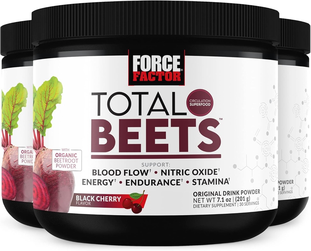 FORCE FACTOR Total Beets Superfood Beetwortelpoeder 3-pack, Nitraten om Circulatie, Bloedstroom, Nitric Oxide, Energie, Endurance, Uithoudingsvermogen, Cardiovasculaire Hartgezondheid Supplement, 90 porties