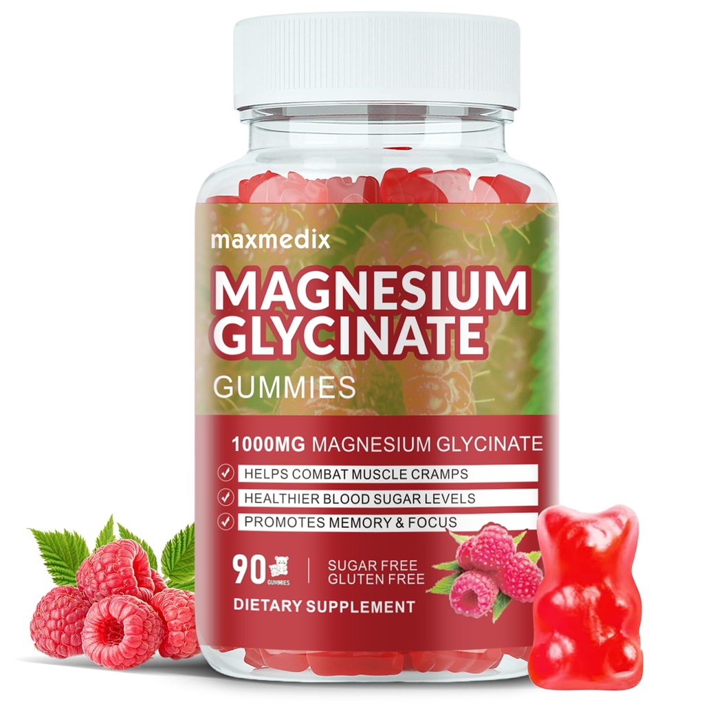 Magnesium Glycinate Gummies 1000mg, Suikervrij Magnesium Kaliumsupplementen Kauwbaar voor volwassenen met L-Dreonaat voor slaap, body support en ontspanning,90 Raspberry Gummies
