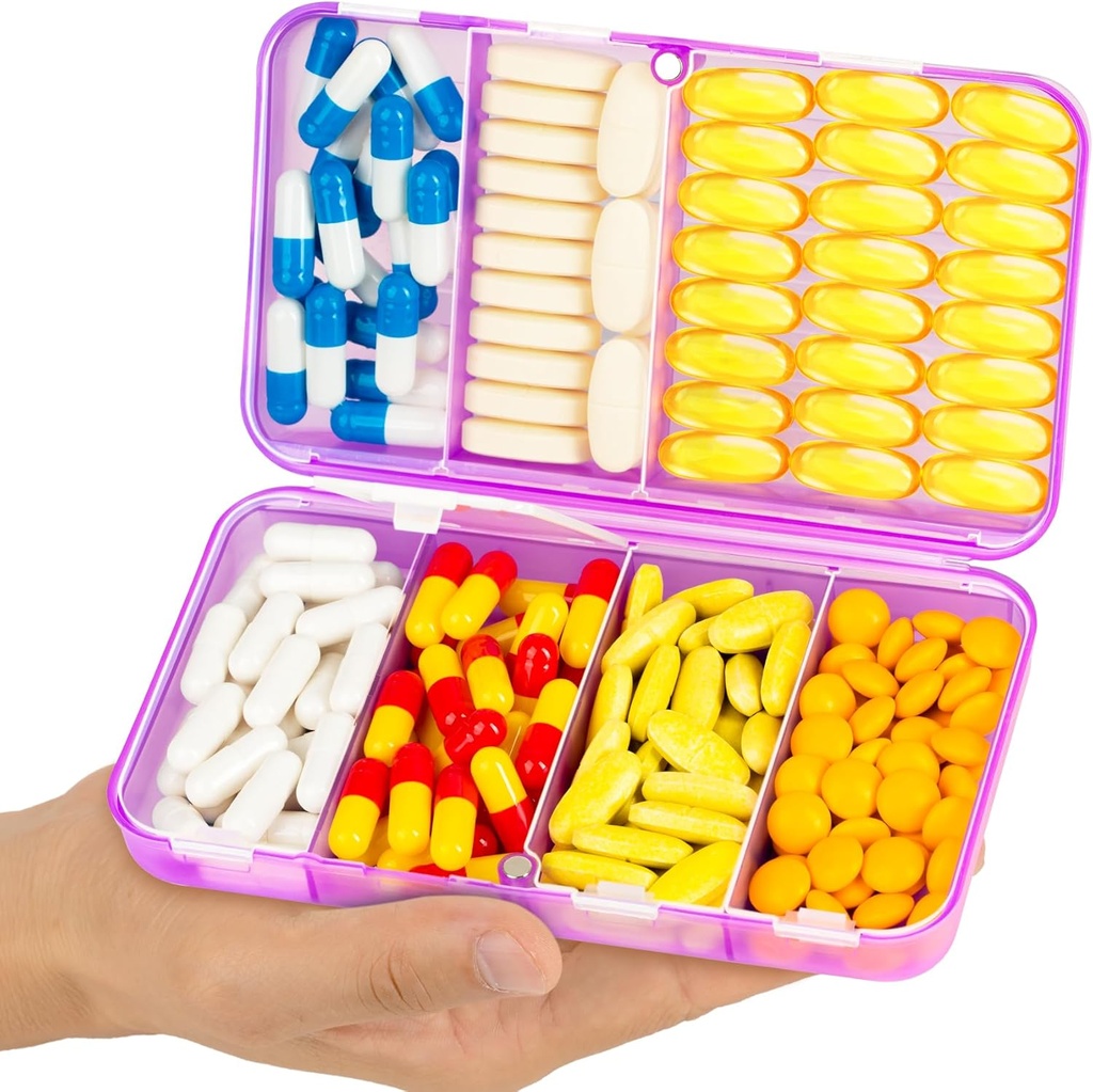 Yaklim Magnetic Travel Pill Organizer, 7 Compartiments Portable Pill Box, Large Vitamin Organizer met labels, Daily Pill Case Medicine Organizer, Big Supplement Organizer Magnet Pill Container Paars