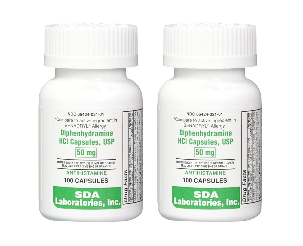 SDA LABORATORIES Difenhydramine 50mg, Allergie Relief, Antihistamine Capsules, Snelwerkende Formule voor niezen, Runny Nose & Itchy Eyes 