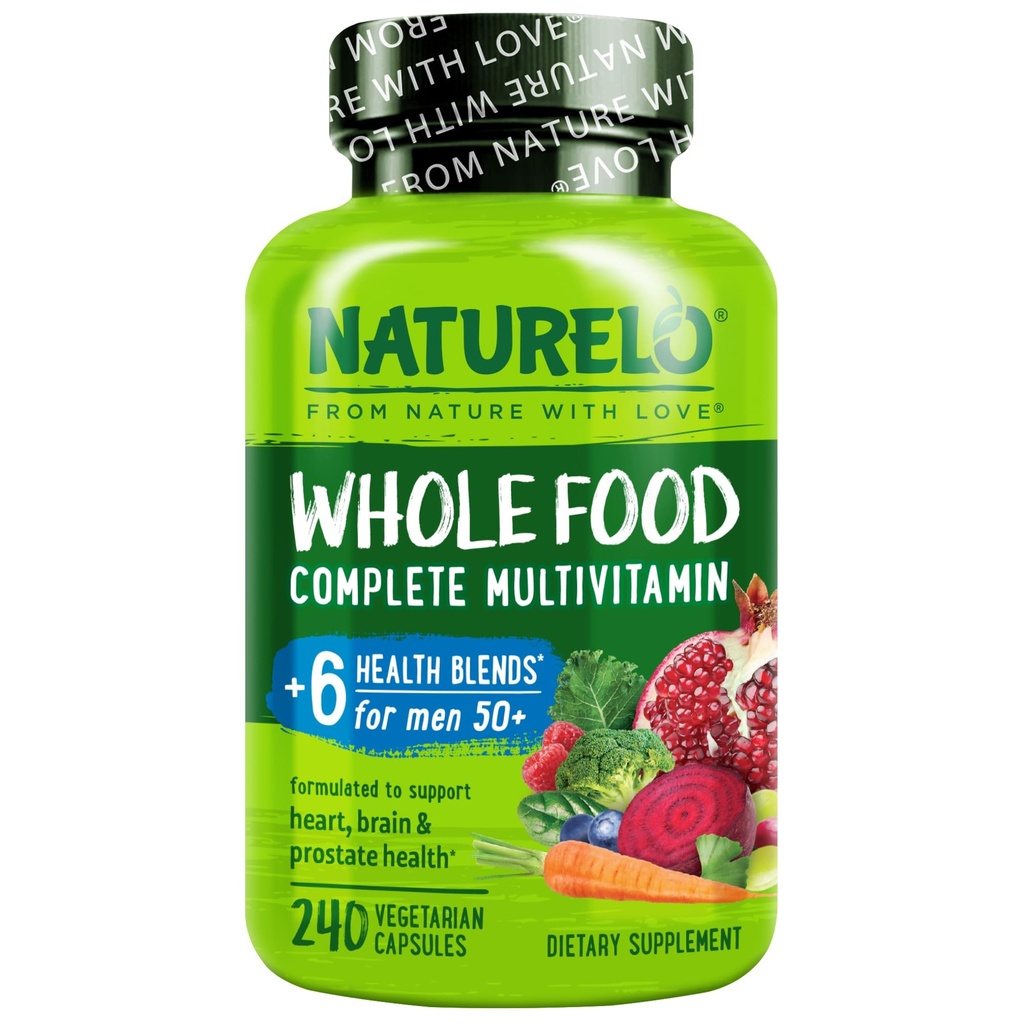 NATURELO Whole Food Multivitamine voor mannen 50+ - met vitamines, mineralen, biologische plantaardige extracten - Vegan Vegetarisch - voor energie, hersenen, hart en oog Gezondheid - 240 Capsules