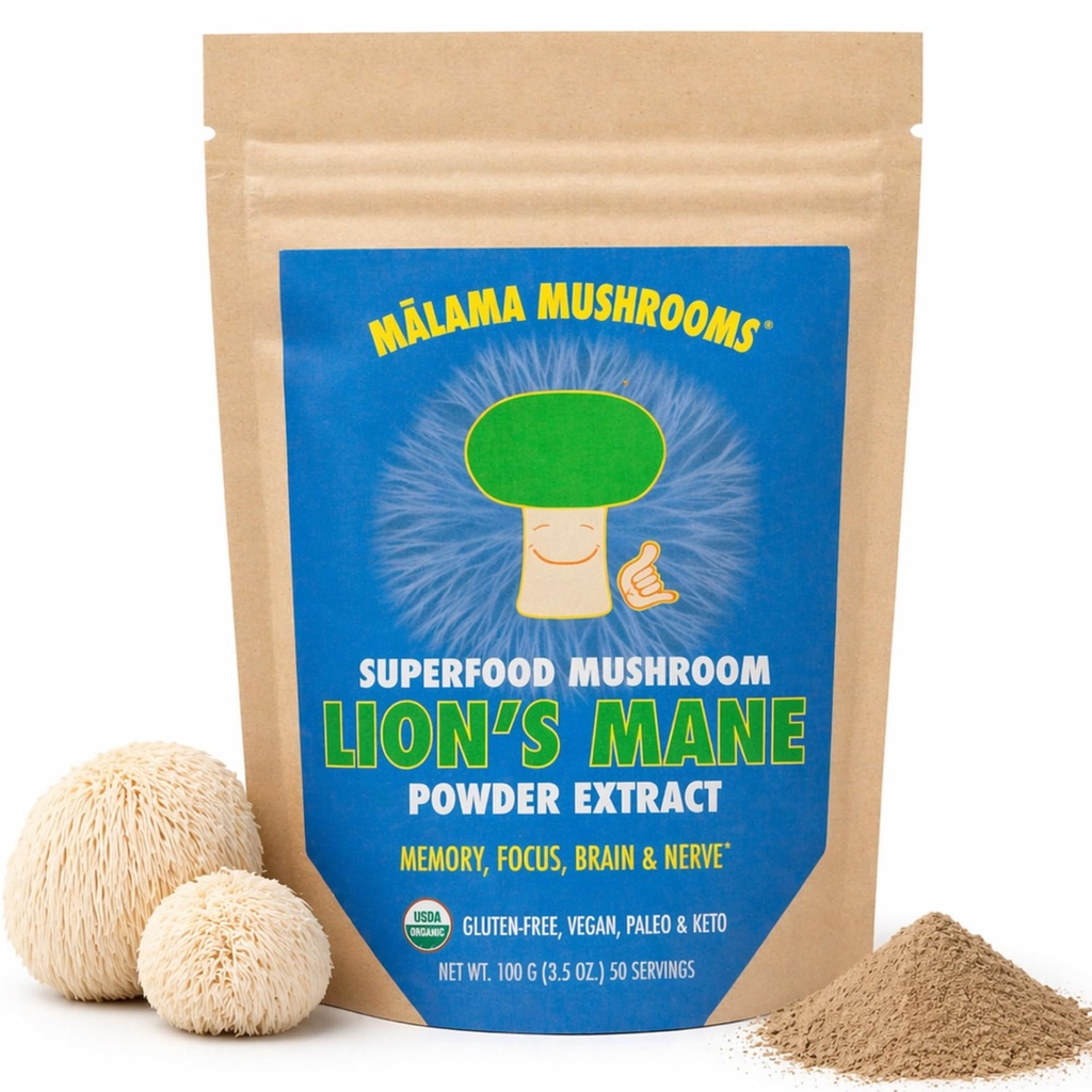Lion's Mane Extract Powder by Malama, Organic Fruiting Body Lions Mane Mushroom Powder, Superfood Adaptogenic, Supports Memory, Focus, Brain, & Zenuwen