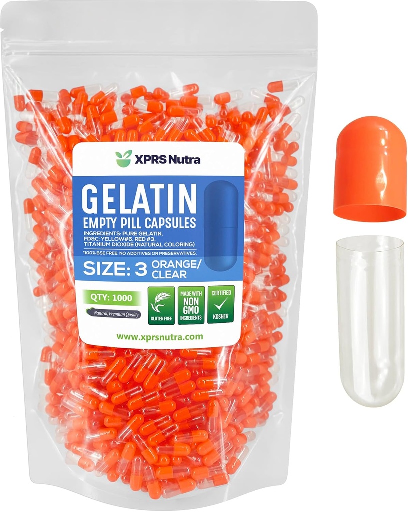 XPRS Nutra Maat 3 Lege capsules - 1000 Telle Lege Gelatine Capsules - Pillen DIY Capsule vullen - Pure Bovine Pill Gel Caps Vulbaar voor Do-It-Yourself Vitaminen en Supplementen (Orange/Clear)