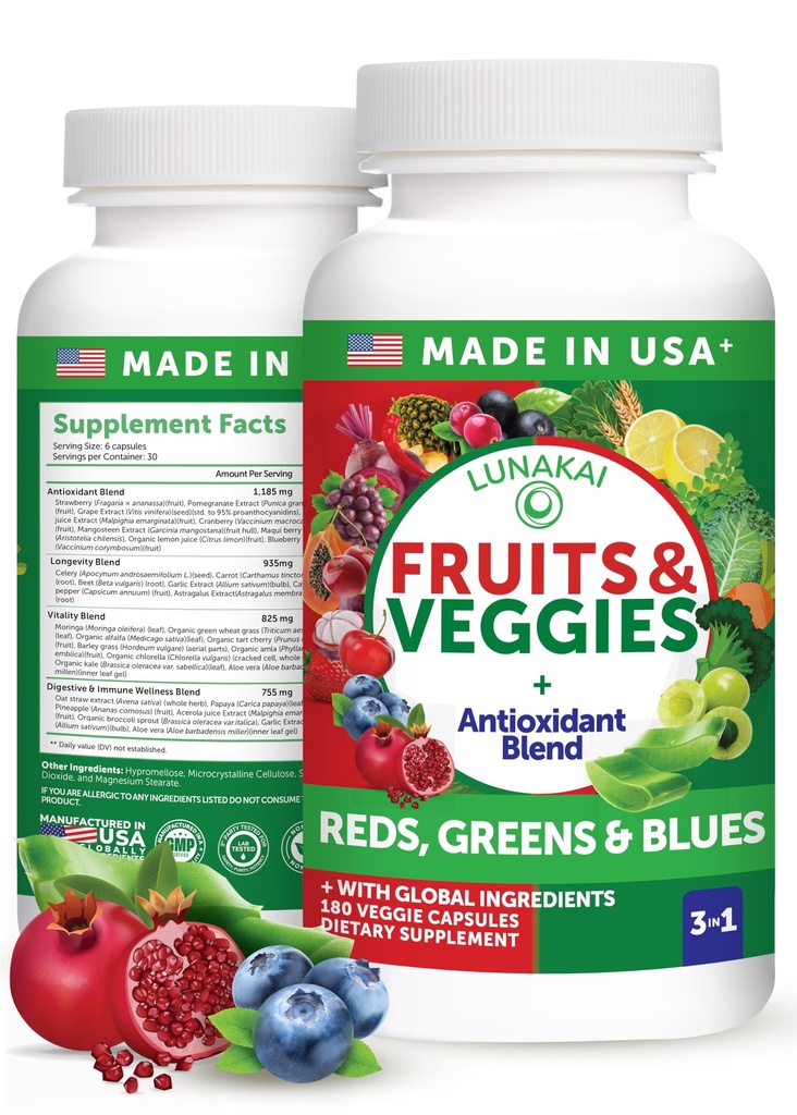 Lunakai USA Made Superfood Fruit & Veggies Supplement - All-in-One with 4 Blends & Scented Capsules, 180ct Super Veggie Capsules for Adults