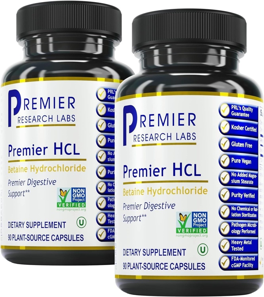 Premier Research Labs Premier HCL - Aids Nutriënt Absorptie & Digestief Functie - Combineer met HCL Activator Supplement - Betaine HCL for Digestie - 90 Plant-Source Capsules