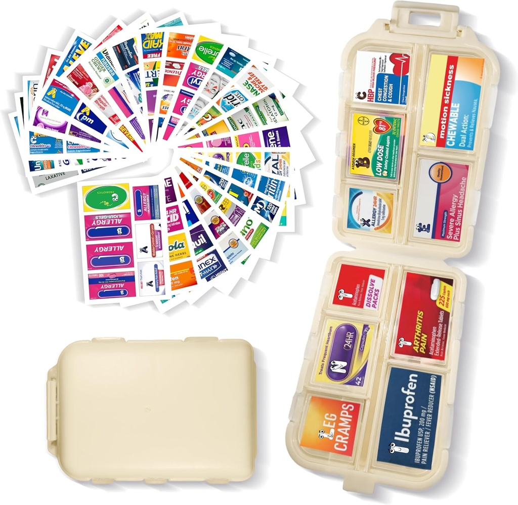 Pillen Organisator met Medicine Labels 161 Labels Travel Daily Pill Container Mini Medication Organizer Storage Pillen Organizer Travel Essentials Pill Case 7 Day (Beige, 1 Pack)