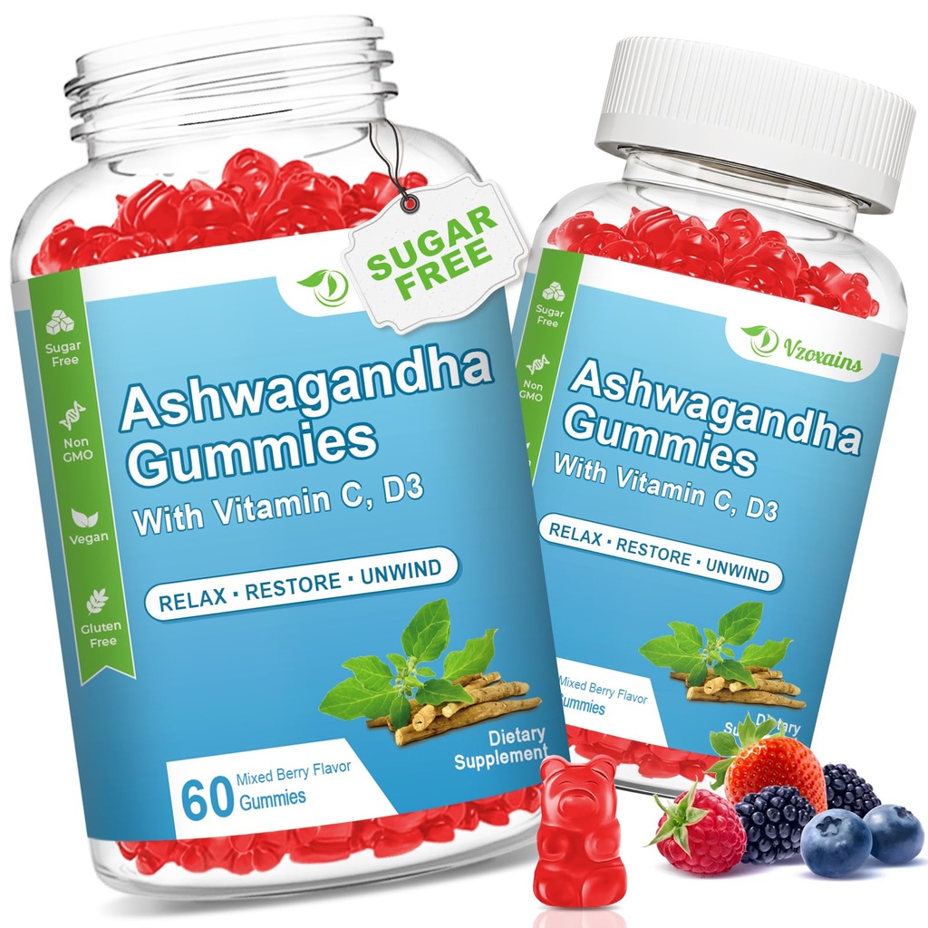 2 Pack Ashwagandha Gummies met vitamine D voor vrouwen en mannen, suikervrij Vegan 1000MG Ashwagandha supplement Gummy & vitamine C, 120 Tel.
