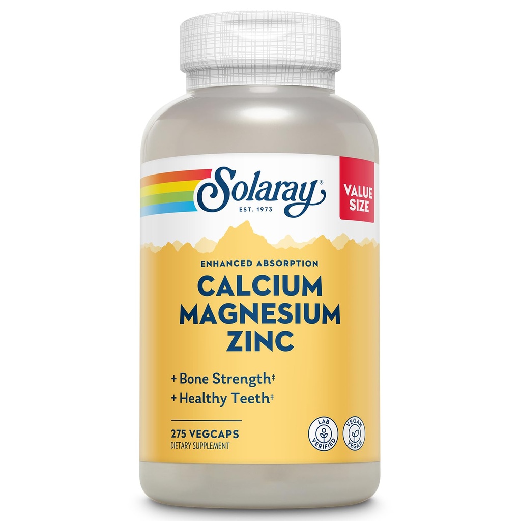 SOLARAY Calcium Magnesium Zink Supplement - met Calcium 1000mg, Magnesium 500mg - Bot Gezondheid, Spierfunctie, Hart Gezondheid en Immuun Ondersteuning - Vegan, 60 dagen garantie, 68 porties, 275 VegCaps