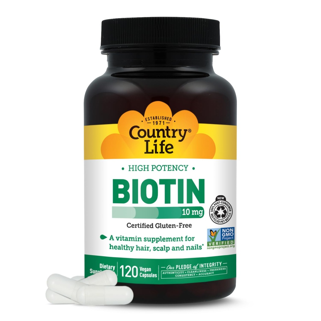 Country Life High-Potency Biotin 10mg - Veganistisch en Glutenvrij Biotinesupplement voor huid en nagels, Energiemetabolisme - Biotine 10000mcg Capsules