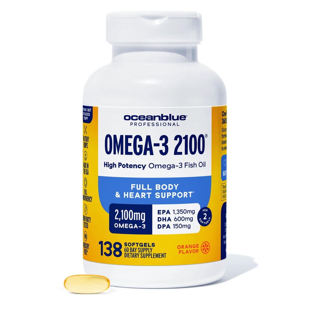 Oceanblue Professional Omega-3 2100mg Fish Oil Supplement - Triple Strength, High Potency EPA, DHA & DPA - Burpless, Wild-Caught, Natural Orange Flavor - 138 Softgels