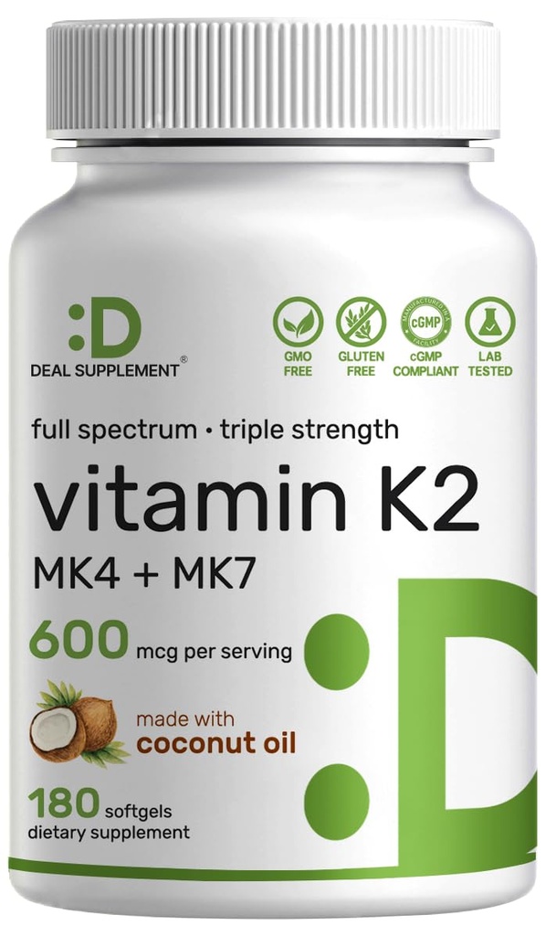 DEAL › Vitamin K2 Supplement 600mcg, 180 Kokosolie Softgels 