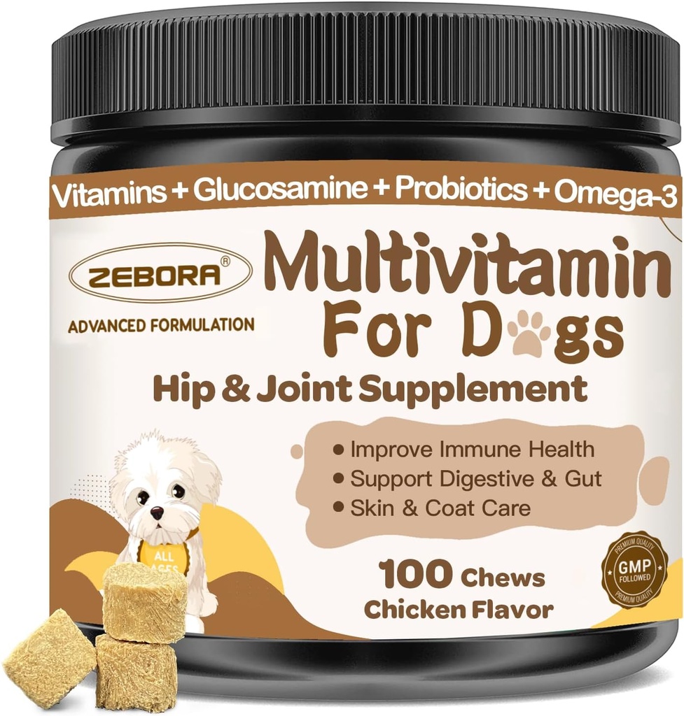 Honden Multivitamine met Mineralen voor de algehele gezondheid - Hondenvitaminen en Supplementen met Glucosamine, Probiotica voor Puppy & Senior Honden met Mineralen - Omega 3 Visolie voor de huid & Coat - 100 Kauwen