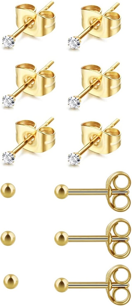 6Pairs 2mm/3mm Chirurgisch staal Hypoallergeen Piercing Studs, 20G 14K Real Gold Gevuld Tiny Stud Oorbellen Set voor Multiple Hole Piercing (Cubic Zirconia, Pearl, Bal)