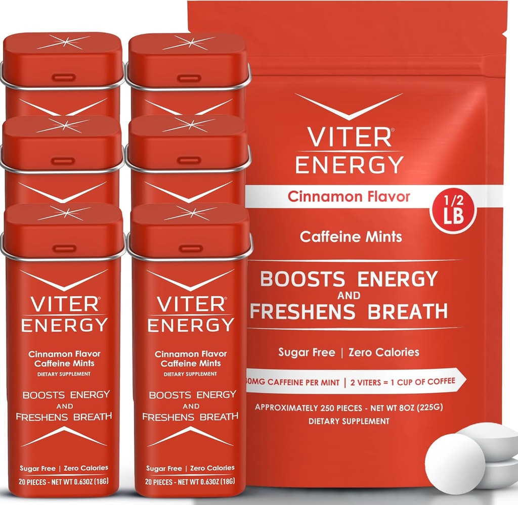 Viter Energy Original Cafeine Mints Cinnamon Flavor 6 Pack en 1/2 pond Bulk Bag Bundle - 40mg Cafeïne, B Vitaminen, Suikervrij, Veganistisch, Krachtige Energie Booster voor Focus en Alertheid