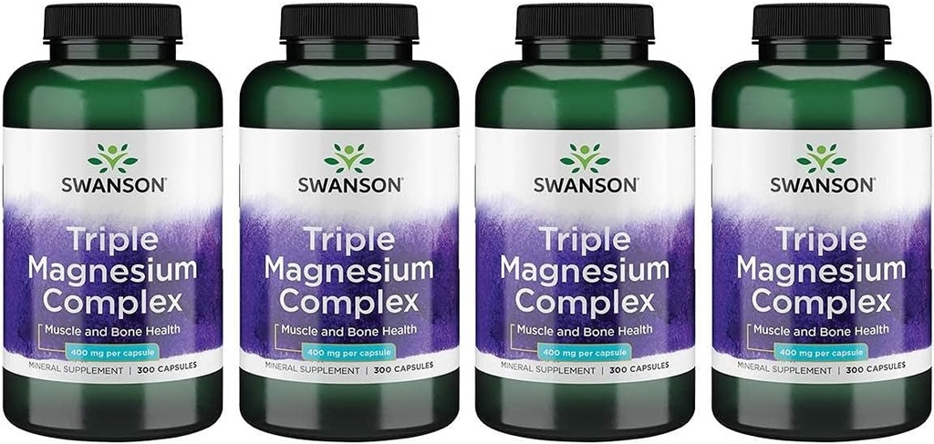 Swanson Triple Magnesium Complex - Mineral Supplement - Natural Support - Met citraat, oxide en aspartaat - (300 Capsules, 400mg Elke, 4 Pack)