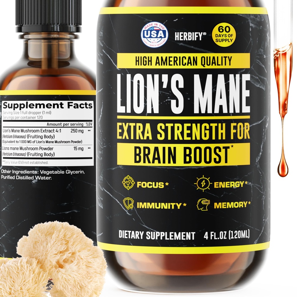 HERBIFY Lions Mane Supplement - Daily Mushroom Supplement for Memory, Focus & Clarity - Brain Booster - Lions Mane Tinctuur voor Immune Support - 4 Fl oz