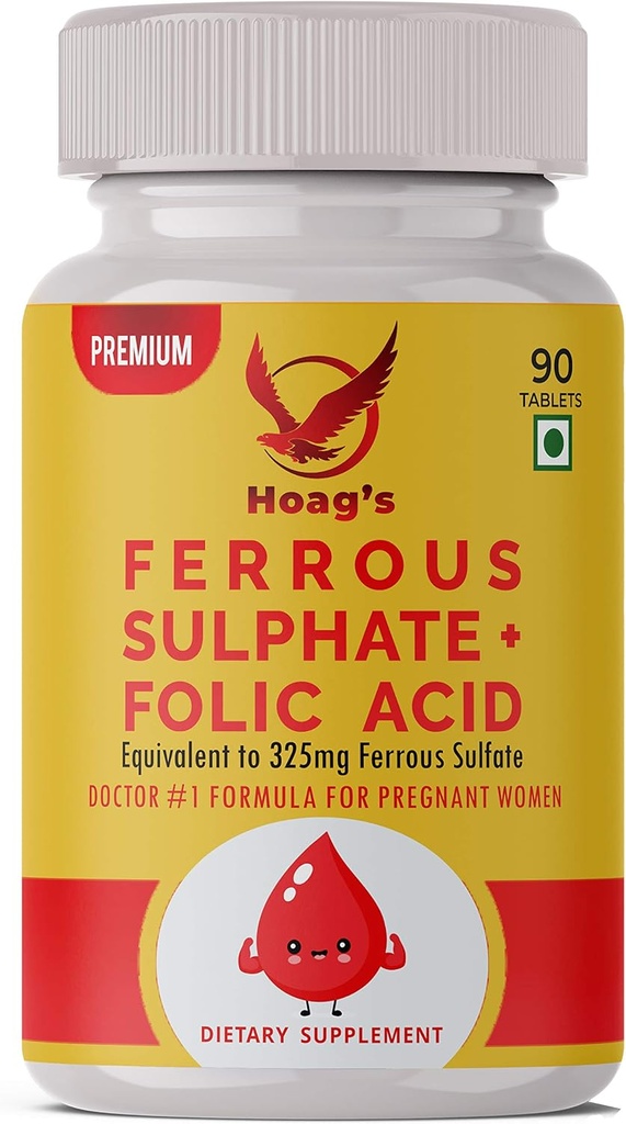 Hoag's Iron 65mg Ferrous Sulfate with Calcium & folic Acid Supplement Support red Blood Cell Production - 90 Veg Tablets