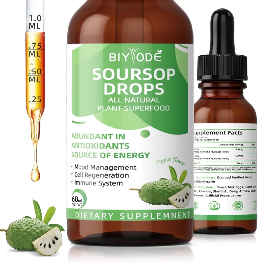 Soursop Graviola Liquid Drops: 1800mg Premium Antioxidant Support for Immune Health Digestion Relaxation Sleep Vegan Gluten Free Sugar Free 1 Fl Oz 30 Day Supply