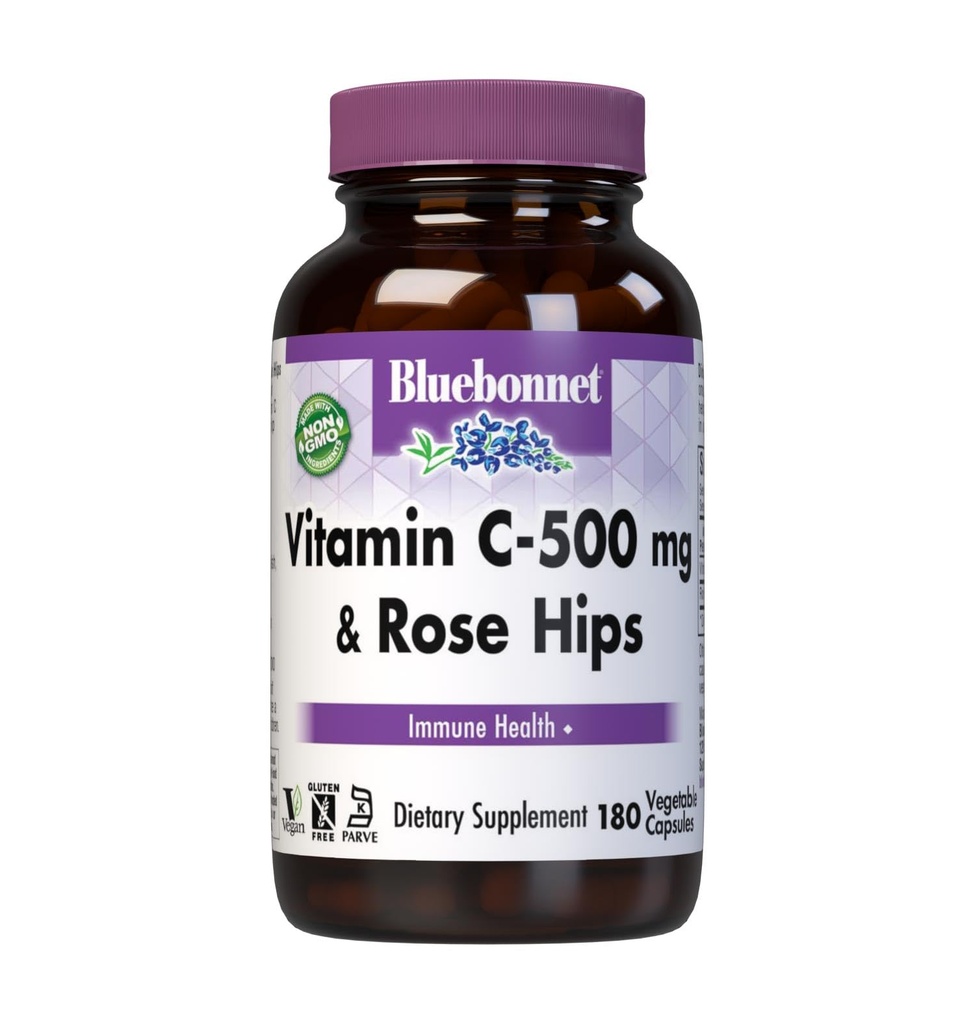 BlueBonnet Vitamine C 500 mg Plus Rosehips Plantaardige Capsules, 180 Tellen