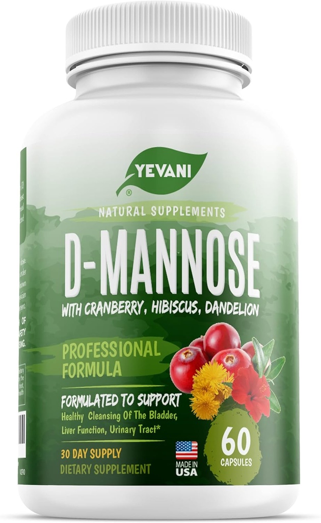 100% Pure D-Mannose Capsules 1000 mg met Cranberry, Hibiscus en Dandelion Extract, Fast Acting Professional UTI Prevention Formula for Urinary Tract Health and Bladder Support
