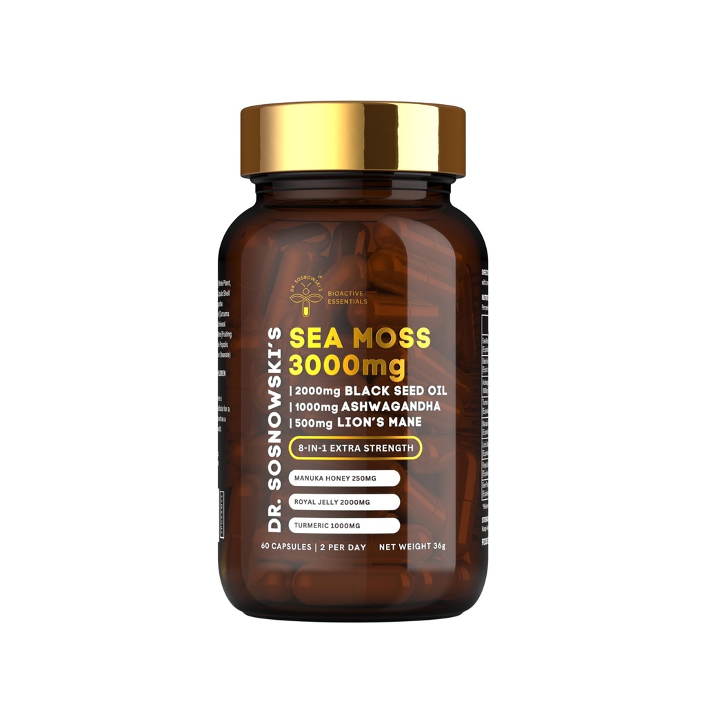 Dr Sosnowski's BioActive Sea Moss 8-in-1 Formula Verrijkt met Black Seed, Ashwagandha, Turmeric, Manuka Honey, Lion's Mane, Royal Jelly, Bee Propolis Extract 60 Capsules