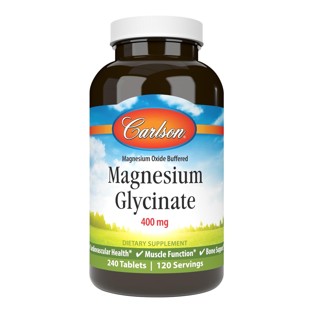 Carlson - Magnesium Glycinate, 200 mg, Superior Absorptie, Hartgezondheid, Spierfunctie, Botondersteuning, 240 tabletten