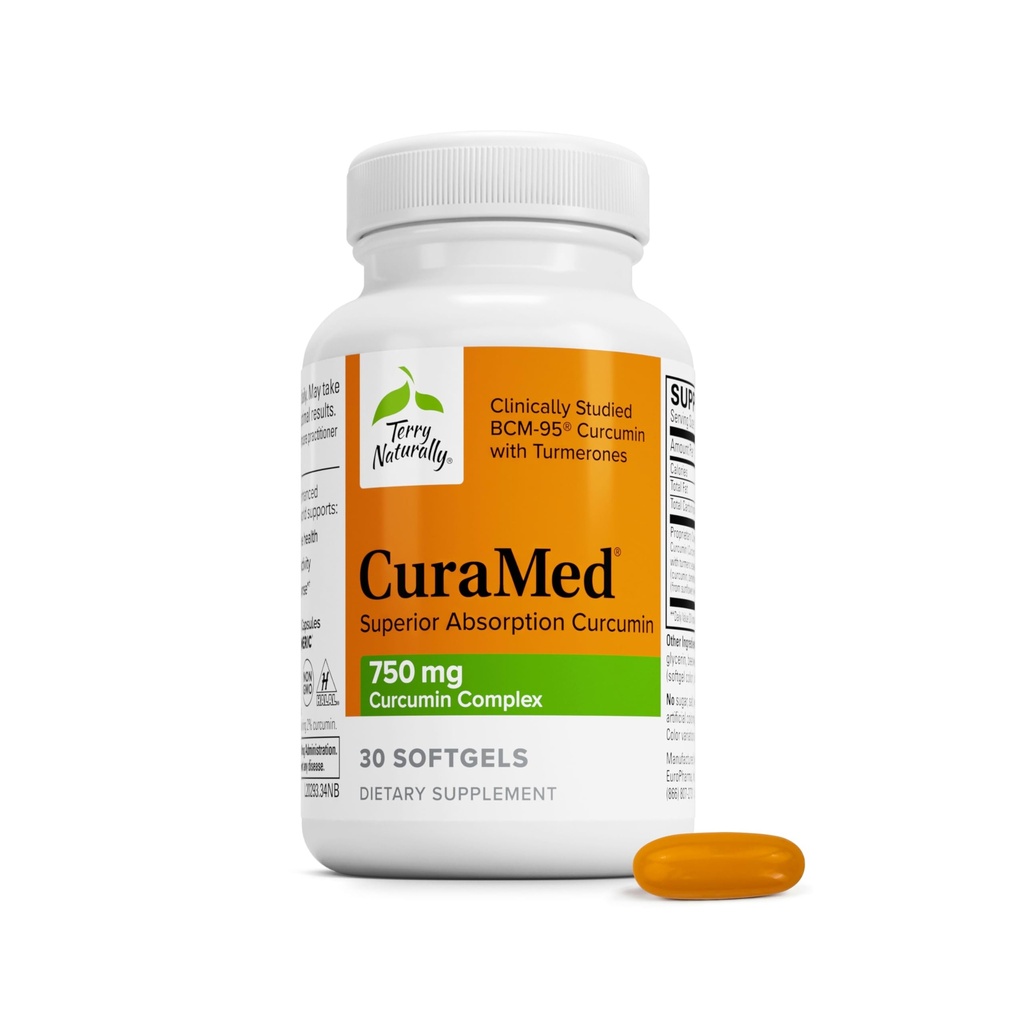 Terry Naturally CuraMed 750mg - Antioxidant supplement voor hersen- en hartgezondheidsondersteuning - Dieetsupplement met high-Potency Curcumin Complex - Nier-, lever- en immuungezondheidssteun - 30 Softgels