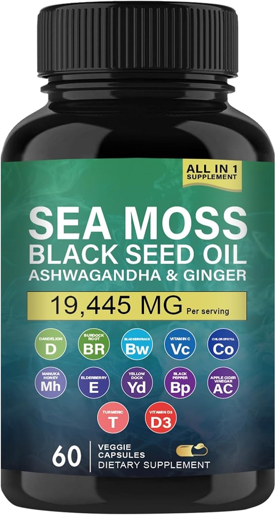 Biologische Zee Mos, Zwarte Zaadolie, Ashwagandha en Gember Capsules, Zee Moss Supplementen met Burdock Root Biologische, Vitamine C, D3, Kurkuma en Geel Dock voor energie-ondersteuning, Immuunsysteem en huid