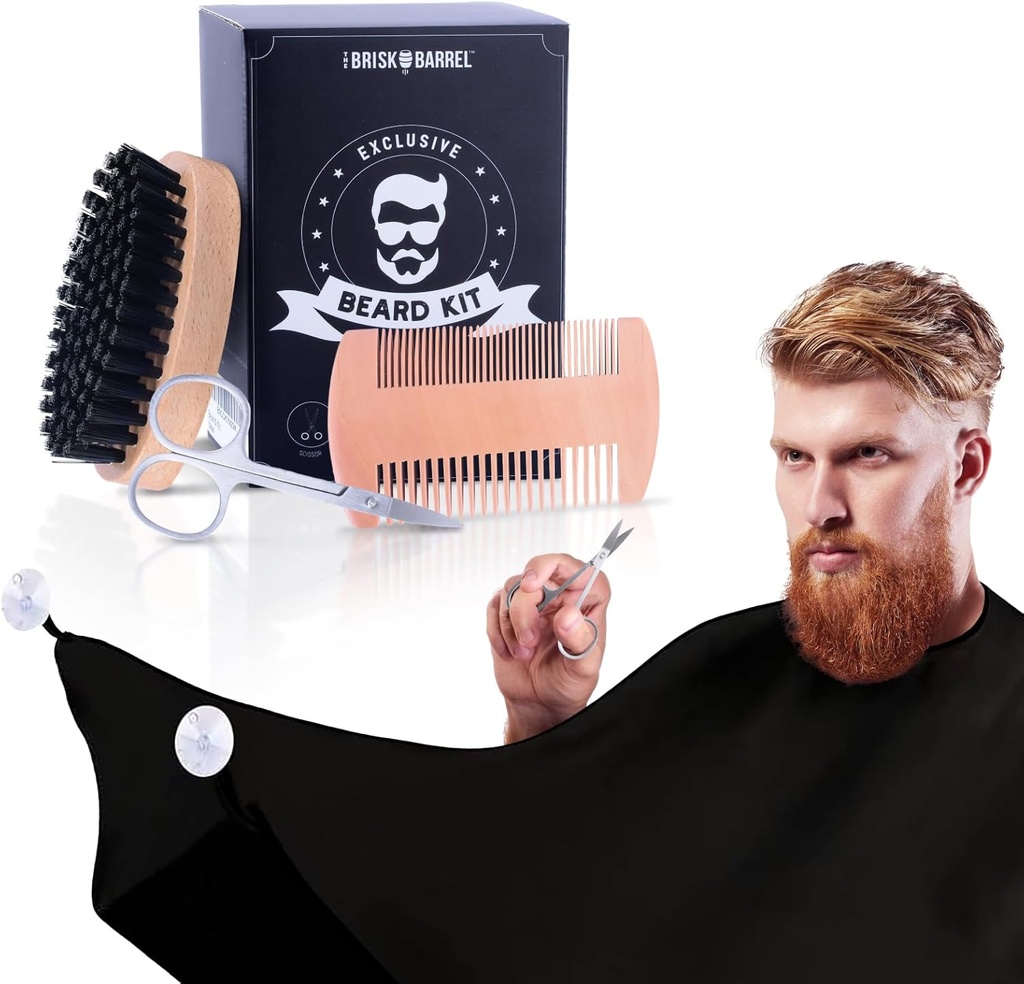 Baard Grooming Kit voor Mannen 4 in 1. Baardborstel en Comb Set met Messy Free Bib Schaar, Snorschaar. Natuurlijke borstel en dubbele actie Comb. Mannengrooming. Cadeau voor Echtgenoot,